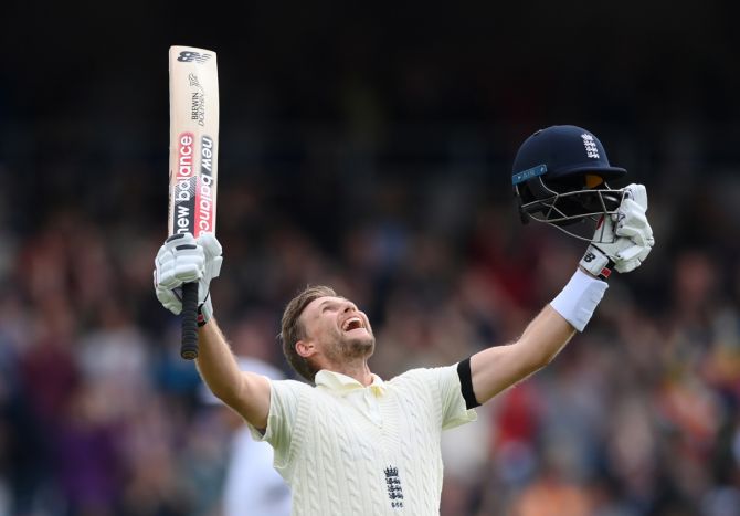 England captain Joe Root celebrates after getting to 100 during Day 2 of the third Test, at Emerald Headingley stadium in Leeds, England, on Thursday.