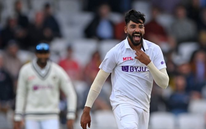 India pacer Mohammed Siraj reacts after dismissing Sam Curran.