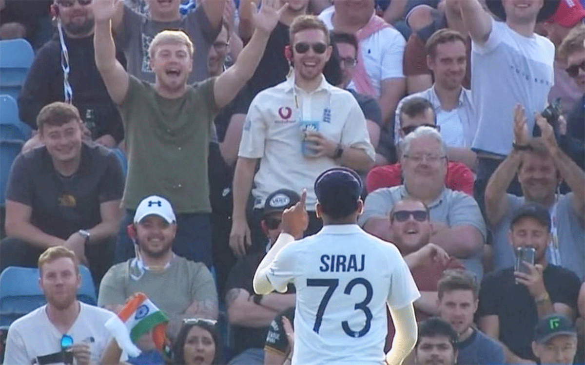 Siraj gestures to the crowd during Day 1 of the 3rd Test at Headingley on Wednesday
