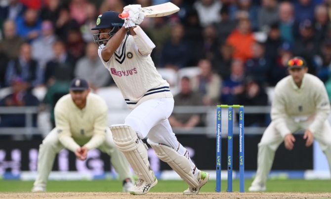 India's Cheteshwar Pujara drives for some runs during Day 3 of the third Test against England, at Emerald Headingley stadium in Leeds, on Friday.
