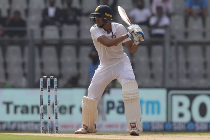 India Shubman Gill scored 44 before getting out to New Zealand spinner Ajaz Patel on Day 1 of the 2nd Test at the Wankhede in Mumbai on Friday