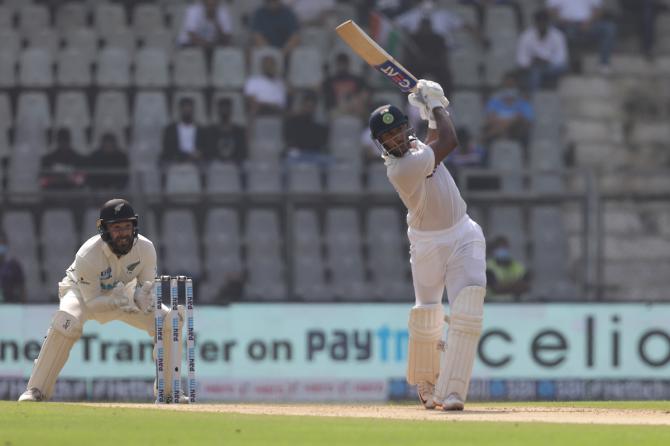 Mayank Agarwal used his feet against Kiwi spinners Ajaz Patel and William Somerville 