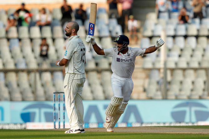 India opener Mayank Agarwal celebrates after completing a hundred on Day 1 of the second Test against New Zealand, at the Wankhede stadium in Mumbai, on Friday.