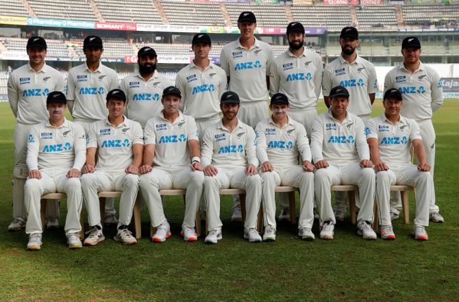 The New Zealand team poses for a picture on Day 3 of the second Test against India at the Wankhede stadium, in Mumbai.