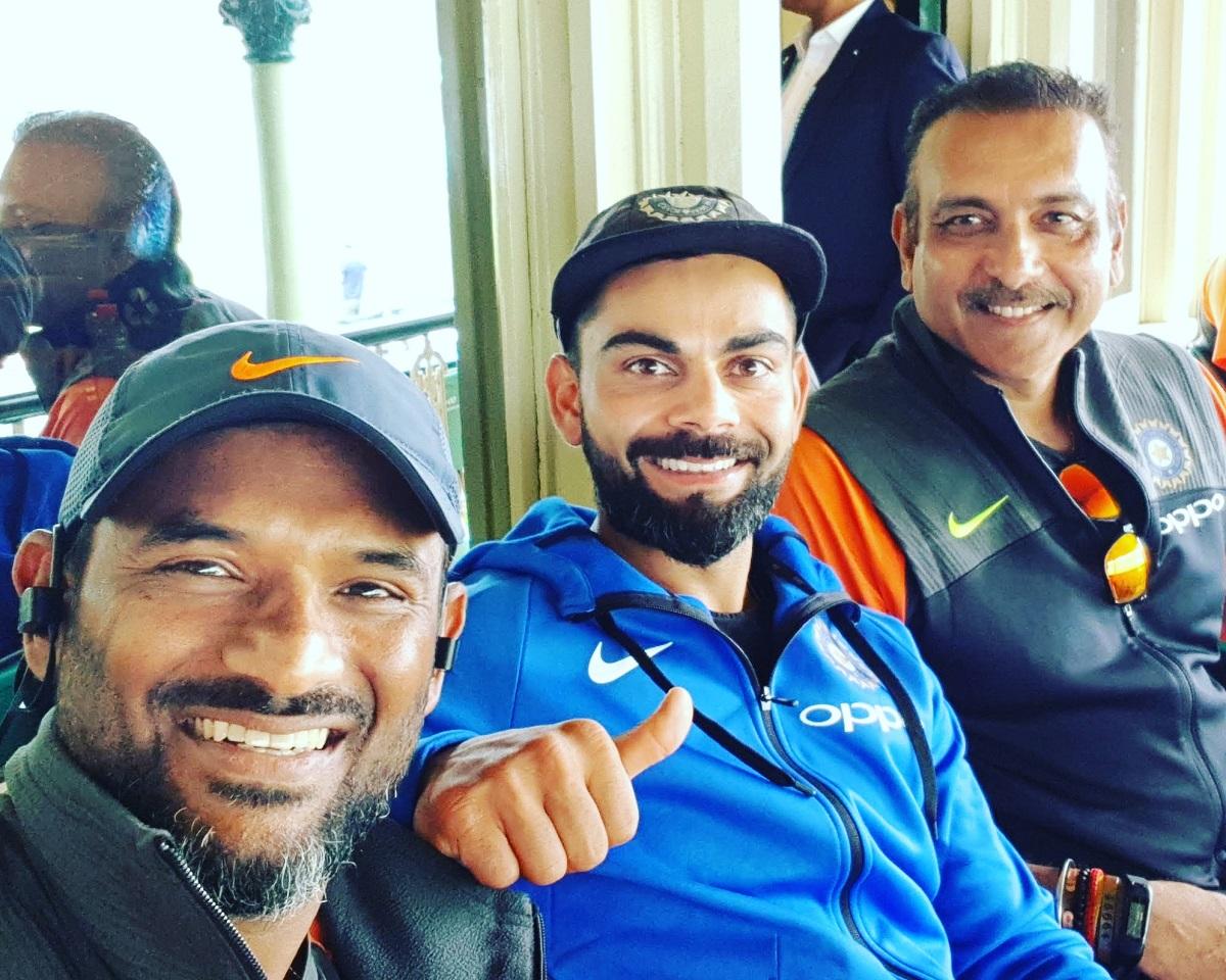 R Sridhar, Virat Kohli and Ravi Shastri share a light moment during a Team India training session