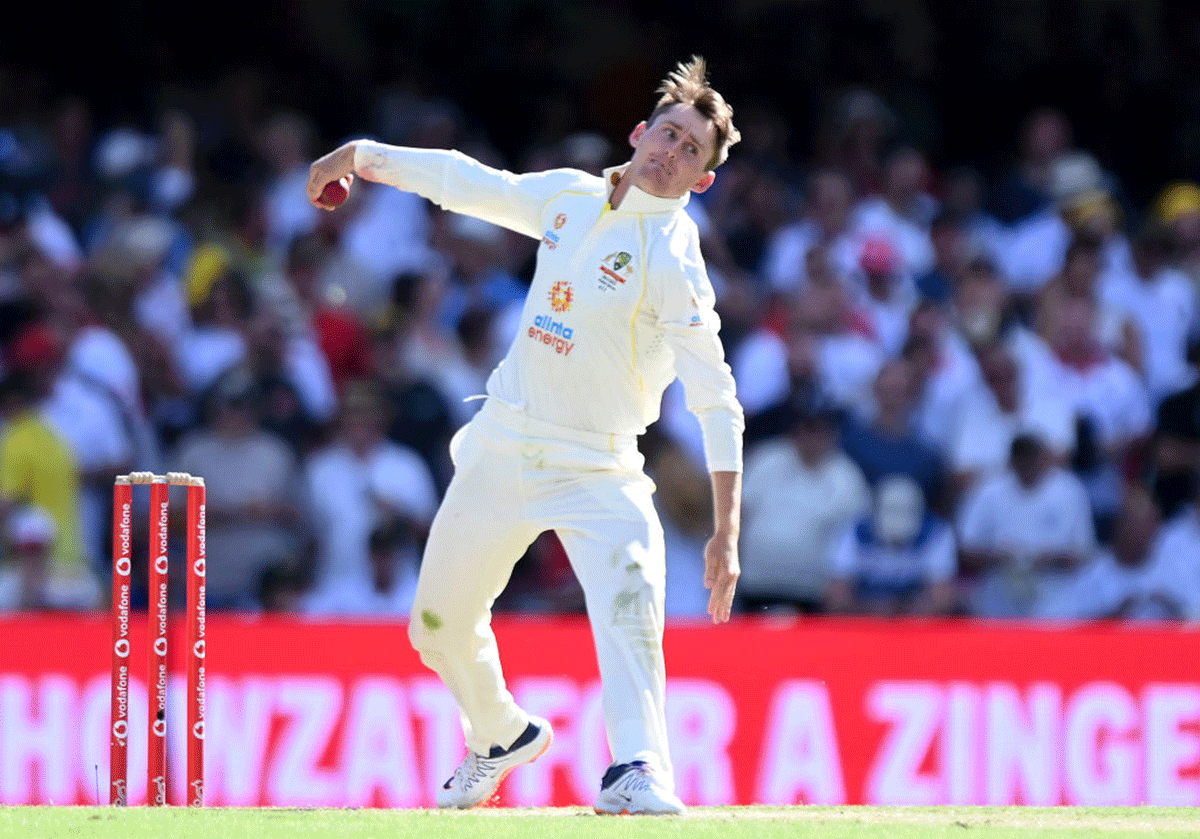 Australia's Marnus Labuschagne bowls on Day 3 of the First Ashes Test match at The Gabba in Brisbane on Friday