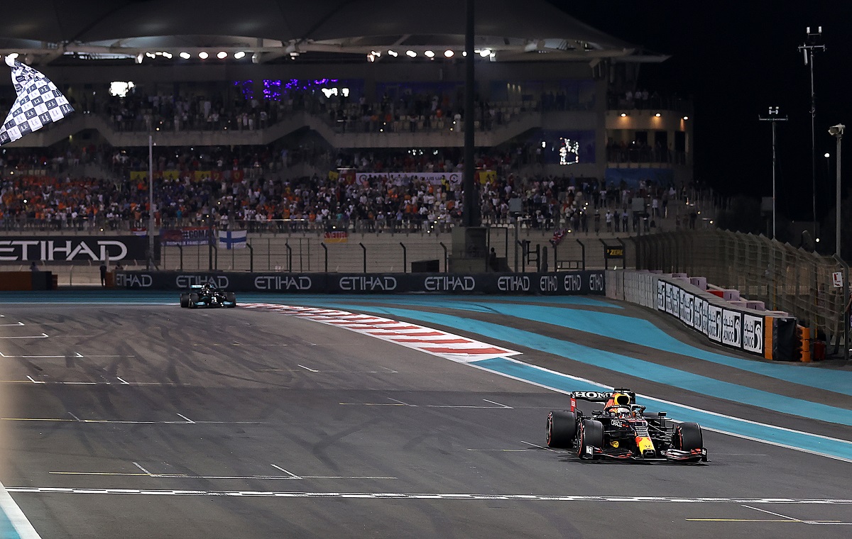 Red Bull's Max Verstappen won with a last lap overtake. Photograph: Lars Baron/Getty Images