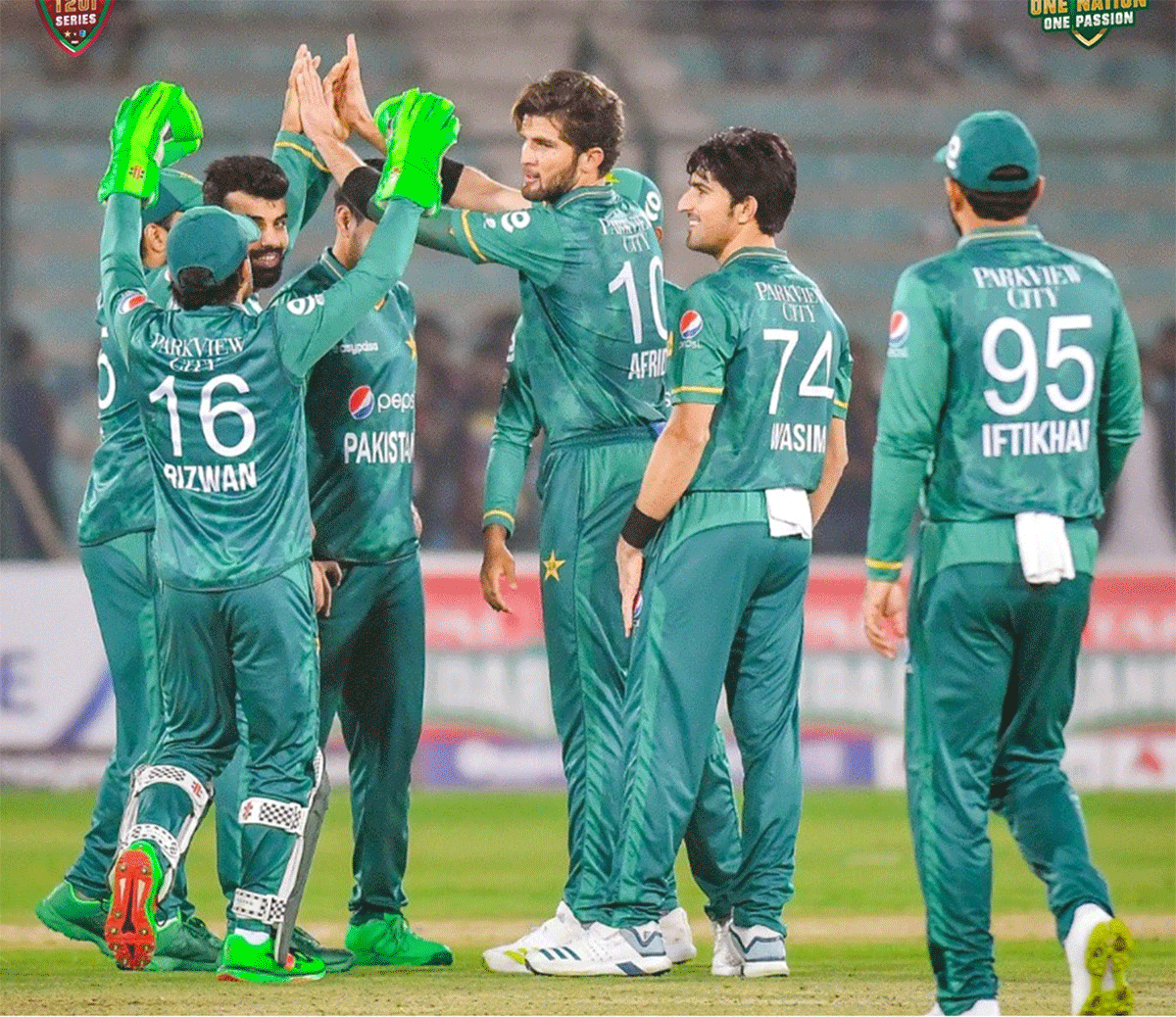 Shaheen Shah Afridi celebrates with teammates after taking a wicket in the 2nd T20I against West Indies in Karachi on Tuesday