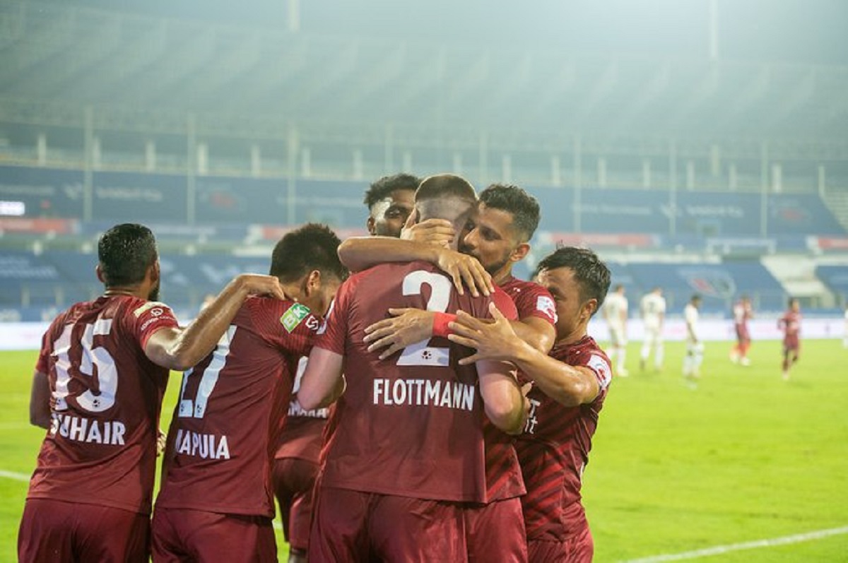 NorthEast United celebrate Patrick Flottmann's goal