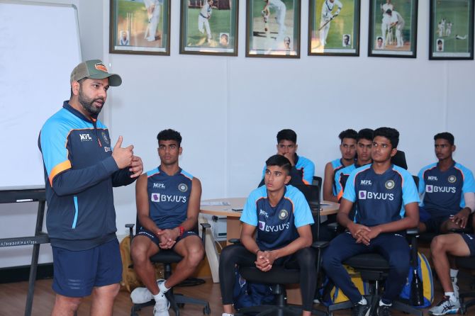 Rohit Sharma addresses the India U-19 team at the NCA