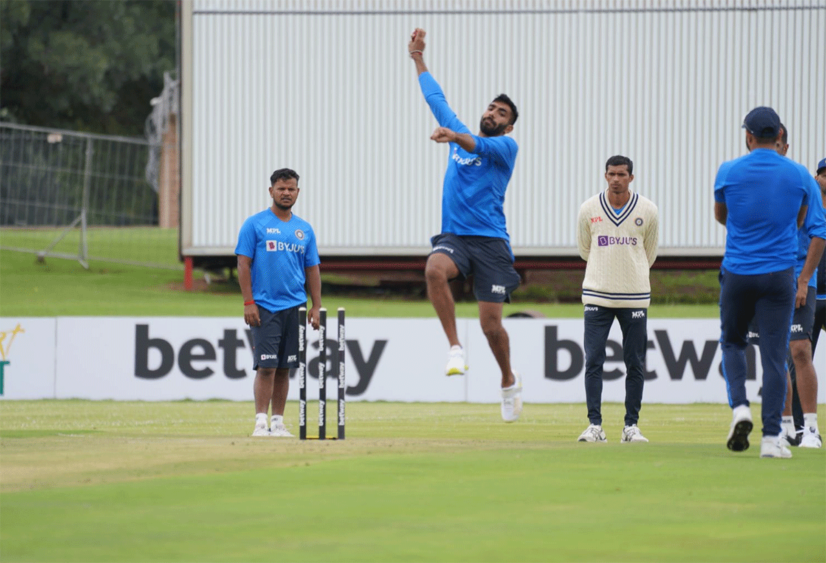 Jasprit Bumrah at a practice session on Sunday