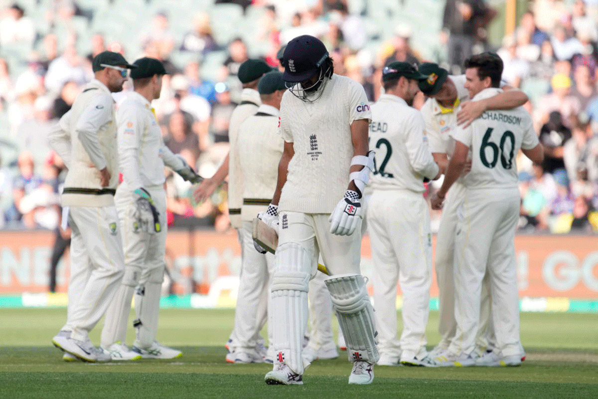England's Haseeb Hameed walks off the field after being dismissed for a duck by Australia's Jhye Richardson