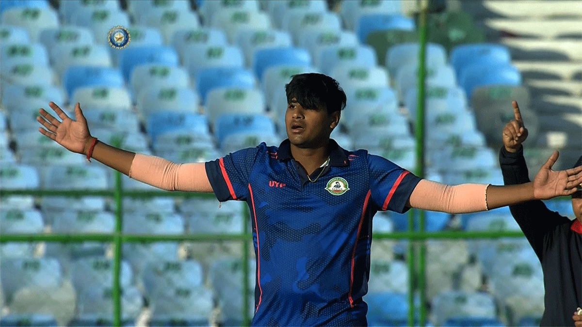Vidarbha's Yash Thakur celebrates a wicket against Tripura on Sunday. He finished with four wickets.