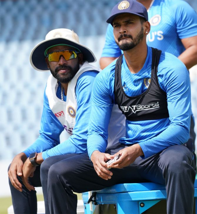 Shreyas Iyer with fast bowler Mohammed Siraj during a practice session