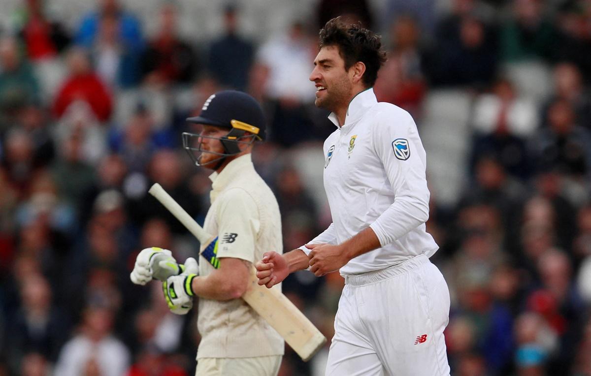 South Africa's Duanne Olivier celebrates taking the wicket of England's Ben Stokes during the fourth Test in Manchester, on August 6, 2017. 