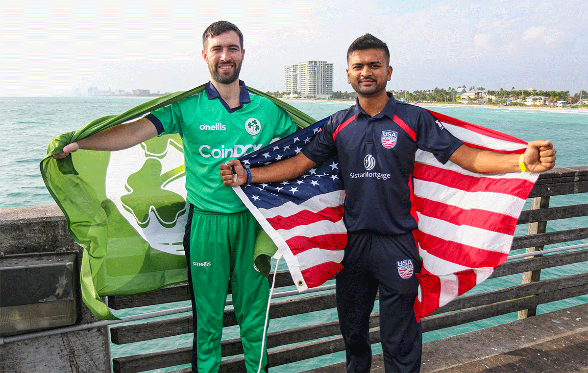 Ireland captain Andy Balbirnie and USA captain Monank Patel at a photocall ahead of the first T20I in Florida on Wednesday