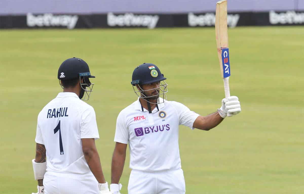 Mayank Agarwal waves to the dressing room after his half century