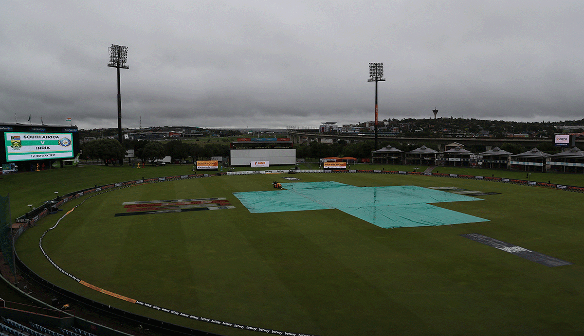 The pitch at Supersport Park at Centurion is covered as the match is delayed due to rain on Day 2 of the opening Test 