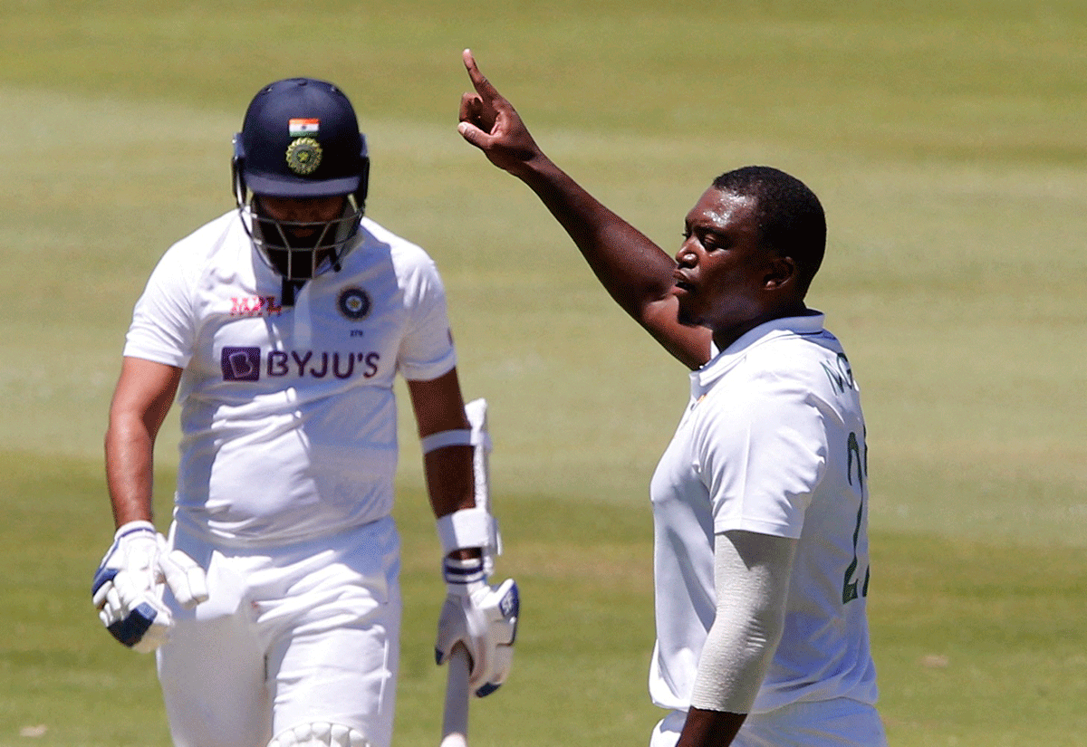 South Africa's Lungi Ngidi celebrates the wicket of India's Mohammed Shami