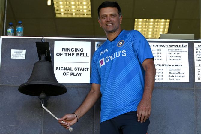 India head coach Rahul Dravid rings the ball to signal start of play on Day 4. 