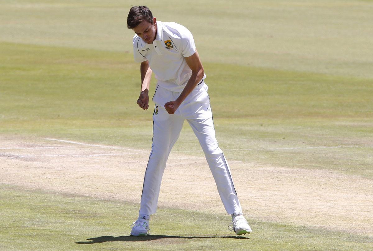 Marco Jansen celebrates taking the wicket of Ajinkya Rahane 