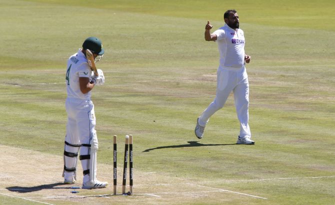India pacer Mohammed Shami celebrates taking the wicket of South Africa opener Aiden Markram in the second innings, on Day 4 of the first Test, in Centurion, on Wednesday.