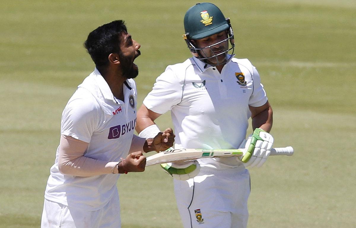 Jasprit Bumrah celebrates after taking the wicket of South Africa's Dean Elgar on Thursday