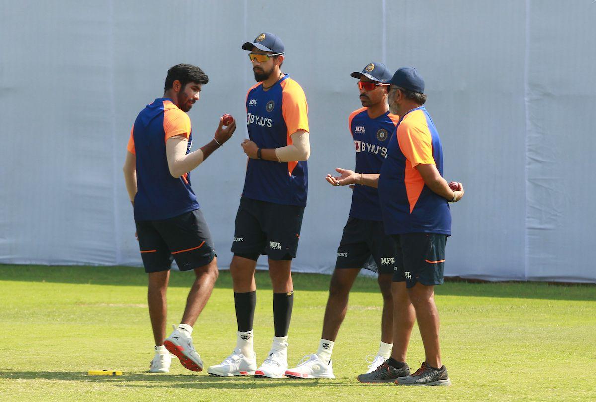 Jasprit Bumrah, Ishant Sharma and Hardik Pandya with bowling coach Bharat Arun in the nets on Wednesday