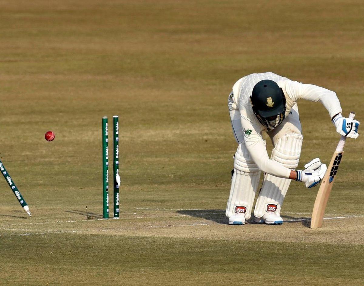 South Africa's Rassie van der Dussen is cleaned up by Pakistan's Hassan Ali on Day 2 of the 2nd Test at Rawalpindi on Friday