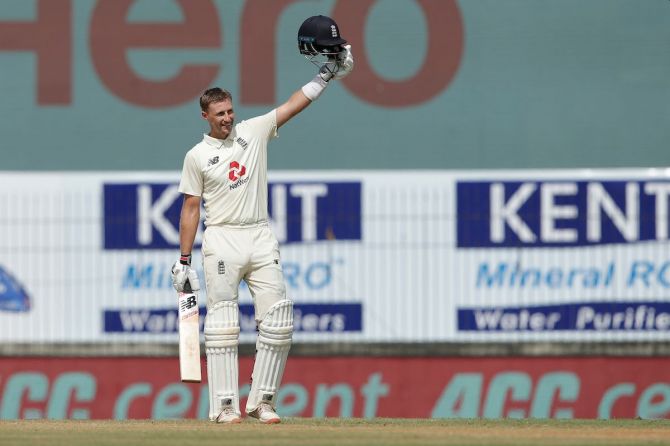 Joe Root celebrates on completing his double ton on Day 2 of the 1st Test in Chennai on Saturday