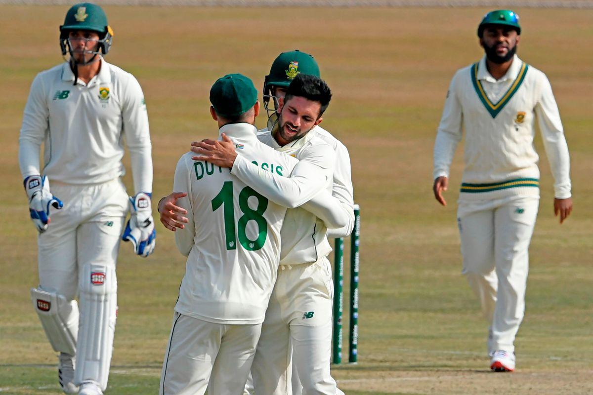 South Africa's Keshav Maharaj celebrates after scalping the wicket of Pakistan's Babar Azam on Day 3 of the 2nd Test in Rawalpindi on Saturday