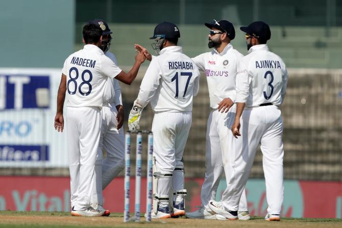 Shahbaz Nadeem celebrates after dismissing Joe Root on Day 2 of the 1st Test on Saturday. Nadeem and Ravichandran Ashwin are the two spinners fielded by India in the first Test.