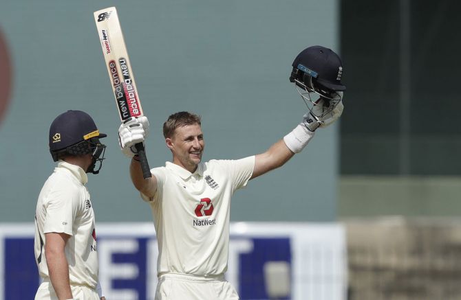  England captain Joe Root celebrates after registering a double century on Saturday, Day 2 of the first Test against India, at the M A Chidambaram stadium, in Chennai