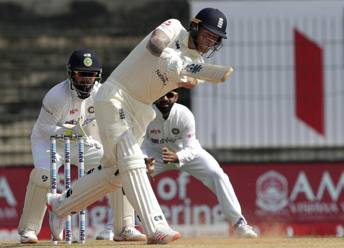 Ben Stokes hits a six off Ravichandran Ashwin.