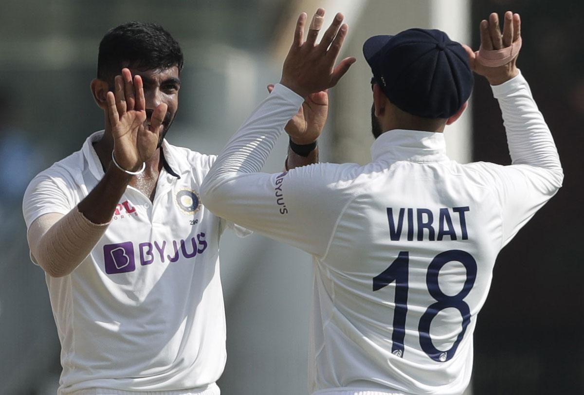 Jasprit Bumrah celebrates the wicket of Dom Bess