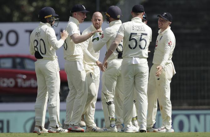 Jack Leach celebrates the wicket of Ravichandran Ashwin