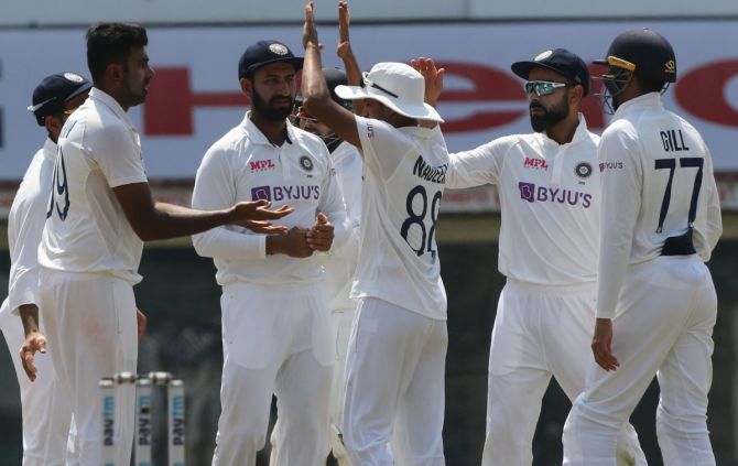 Ravichandran Ashwin of India celebrates the wicket of Dom Sibley during Day 4 of the first Test against England, at the M A Chidambaram stadium, in Chennai, on Monday
