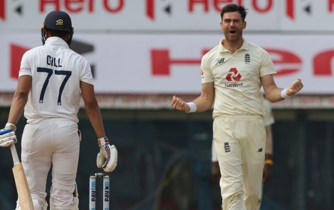 England pacer James Anderson celebrates the wicket of India opener Shubman Gill during Day 5 of the first Test at the M A Chidambaram