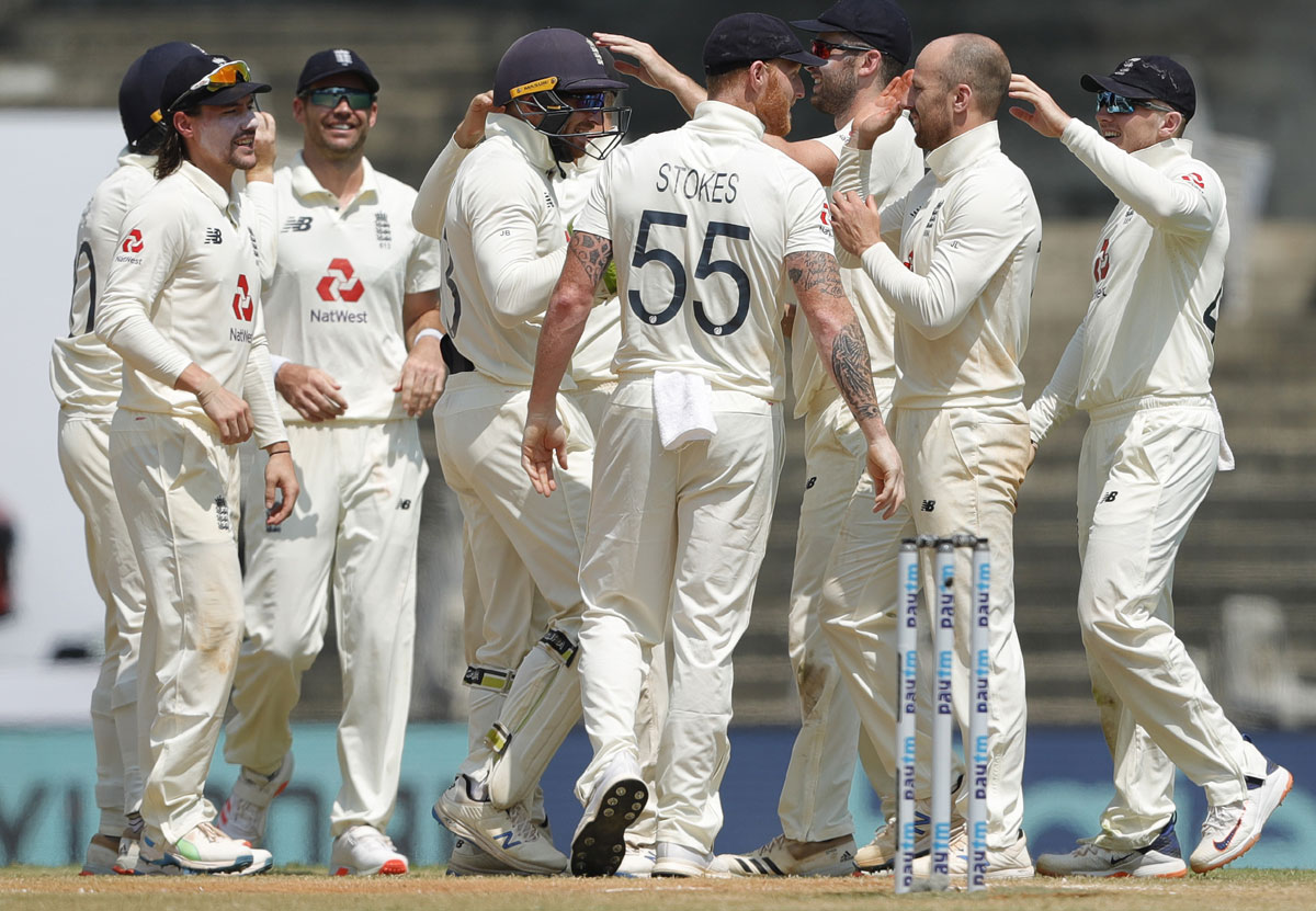 England players celebrate a wicket