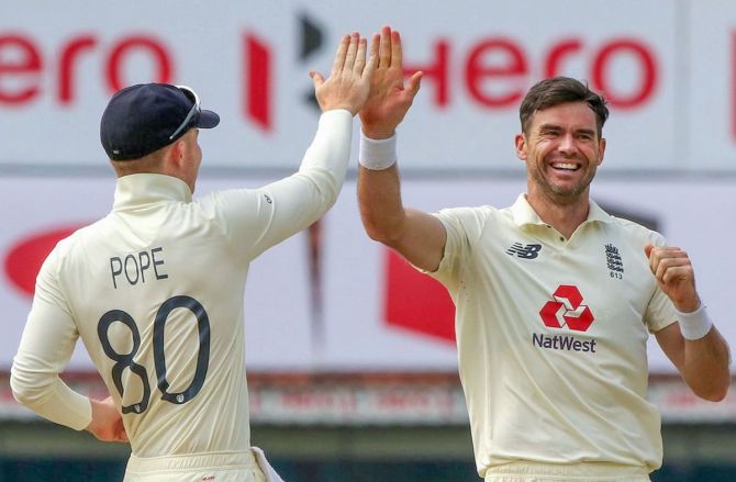 James Anderson celebrates after taking out Shubman Gill.