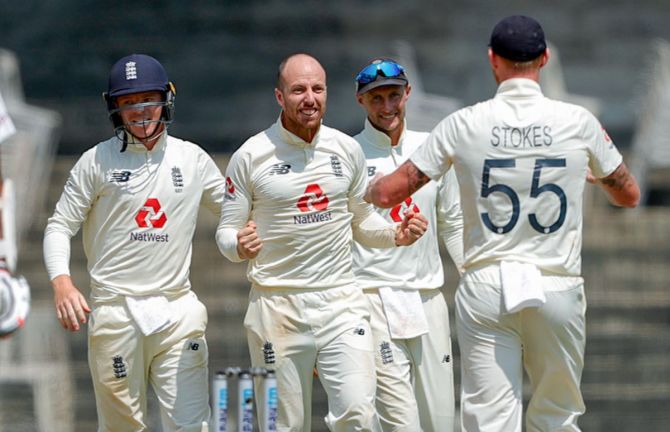 England's Jack Leach celebrates the dismissal of India's Ravichandran Ashwin on the 5th day of the first Test at MA Chidambaram Stadium, in Chennai, on Tuesday. 