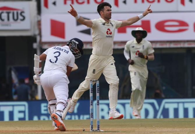 James Anderson celebrates after knocking off Ajinkya Rahane’s off-stump