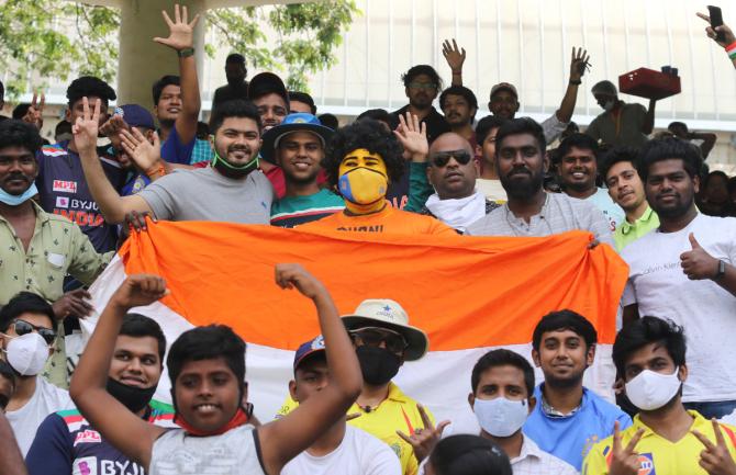 Fans settle down in the stands at the M A Chidambaram stadium, in Chennai, on Saturday, before the start of play on Day 1 of the second Test between India and England.