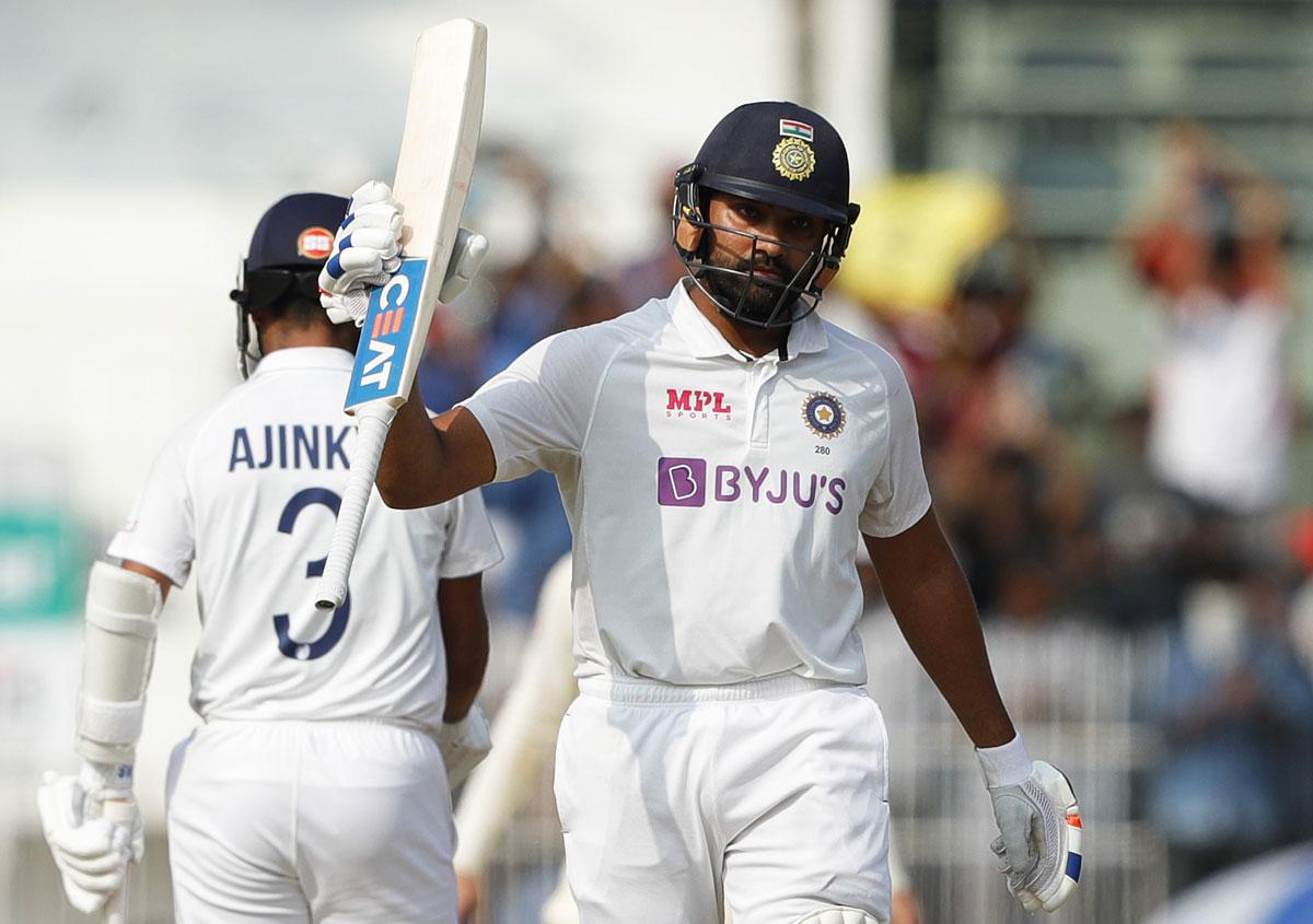 Rohit Sharma celebrates after getting to 150 on Saturday, Day 1 of the second Test against England, at the M A Chidambaram stadium, in Chennai.