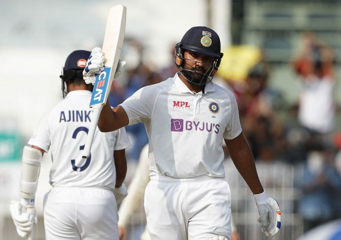 Rohit Sharma celebrates after getting to 150 on Saturday, Day 1 of the second Test against England, at the M A Chidambaram stadium, in Chennai.