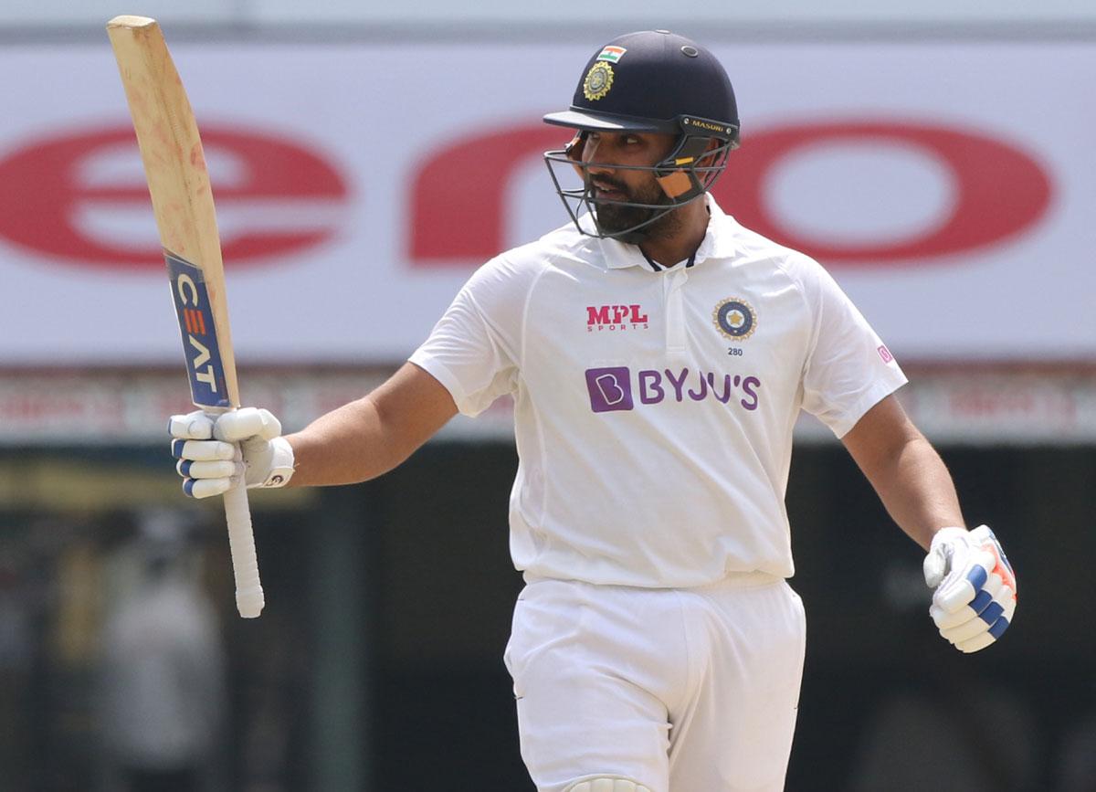 Rohit Sharma celebrates after completing his century after lunch on Saturday, Day 1 of the second Test against England