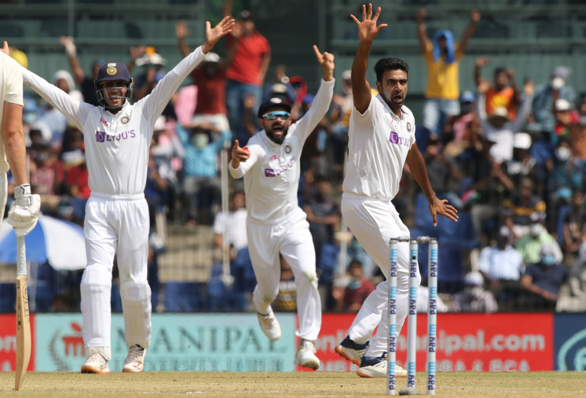 Ravichandran Ashwin appeals successfully for the wicket of Dom Sibley.