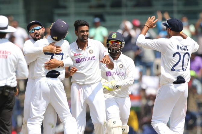 India's Ravichandran Ashwin celebrates a wicket on Day 2 of the 2nd Test in Chennai on Sunday