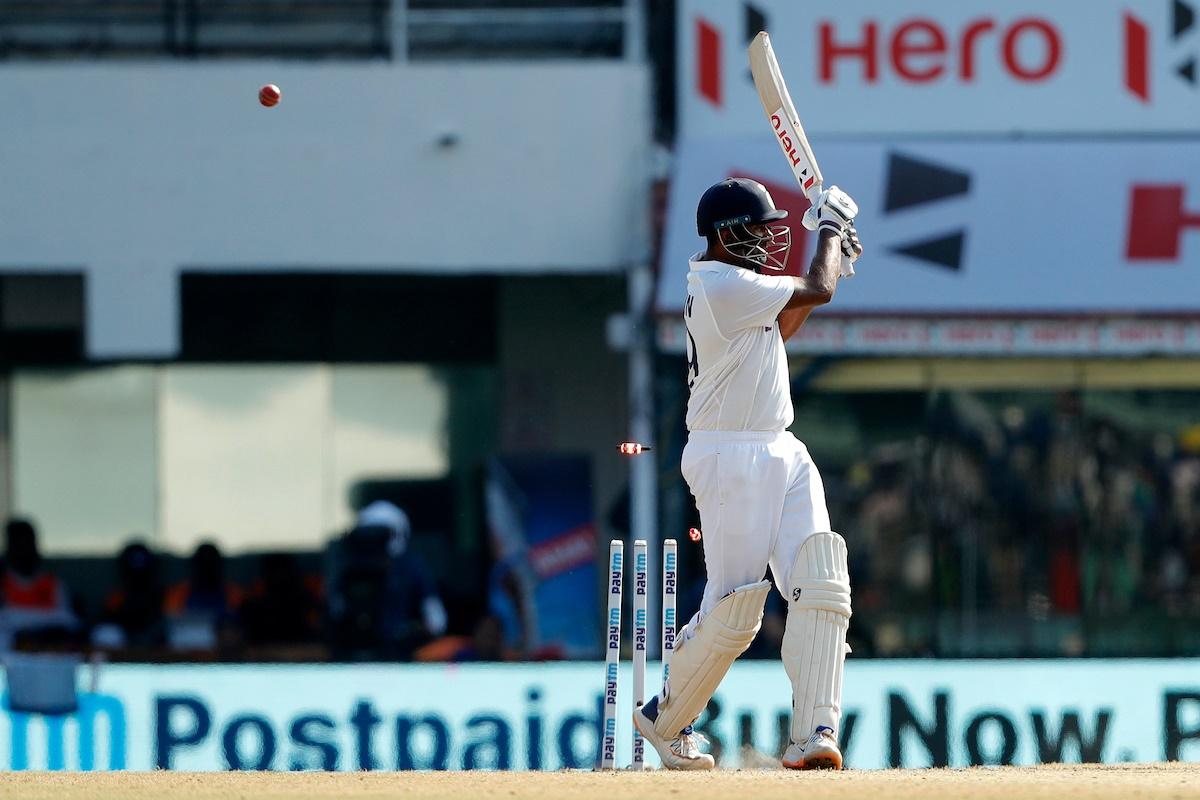 Ravichandran Ashwin goes for a big hit and is bowled.