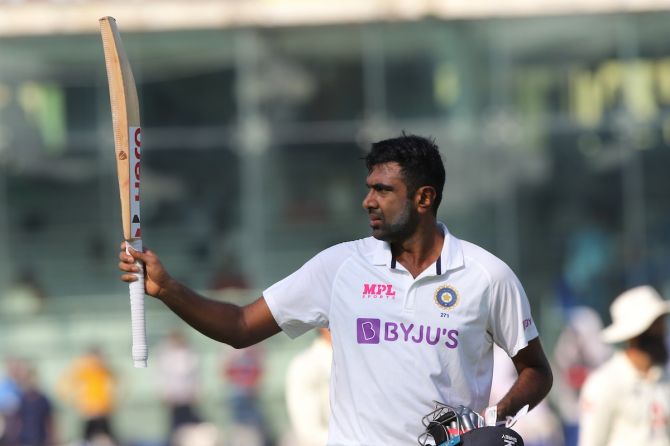 Ravichandran Ashwin waves to the stands after scoring a hundred on Day 3 of the second Test against England.